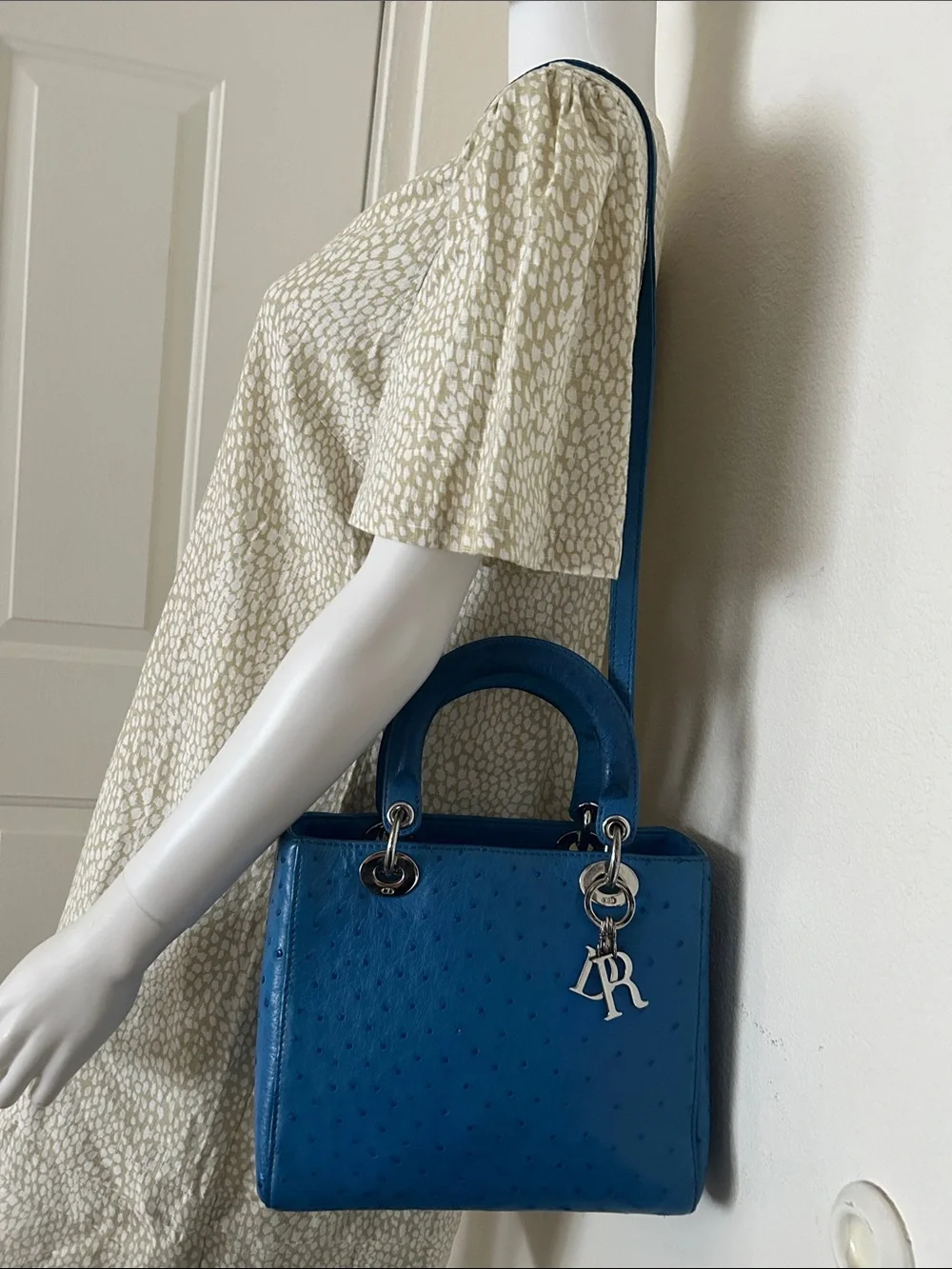 Beautiful Blue Ostrich-Textured Lady Tote with DR Charm